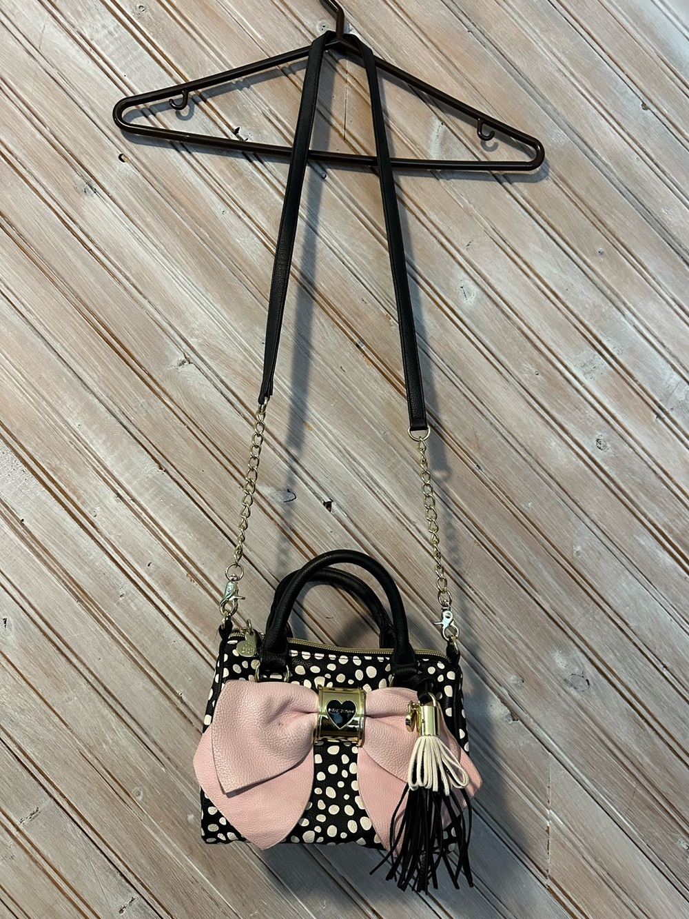Betsey Johnson Black & Pink Polka Dot Mini Bag Cross Body Strap Floral Interior